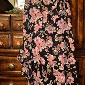 Black Asymmetrical Wrap Skirt with Pink Floral Print